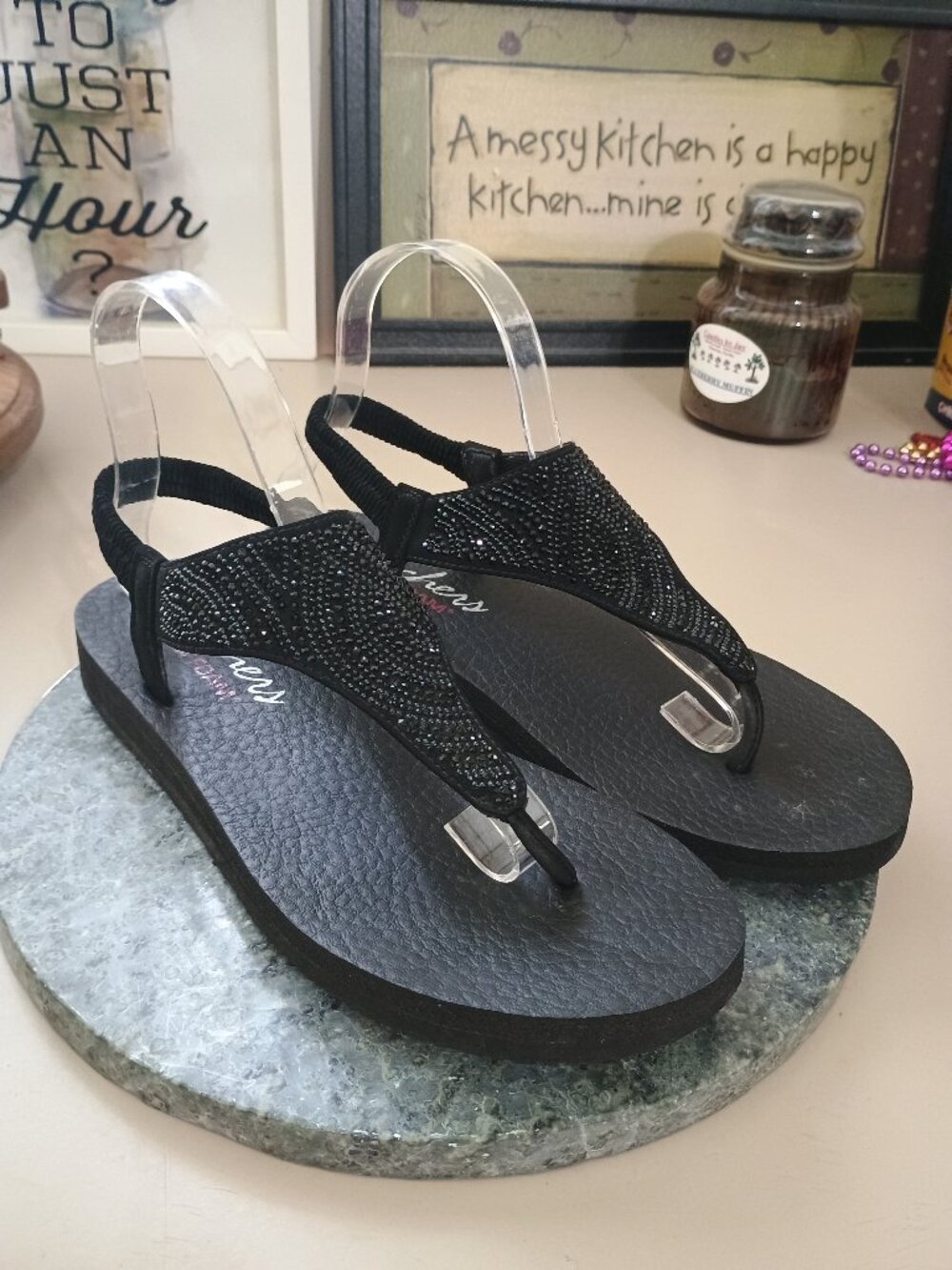 Skechers Cali Meditation Sandals New Moon Black Embellished Size 9 Yoga Foam